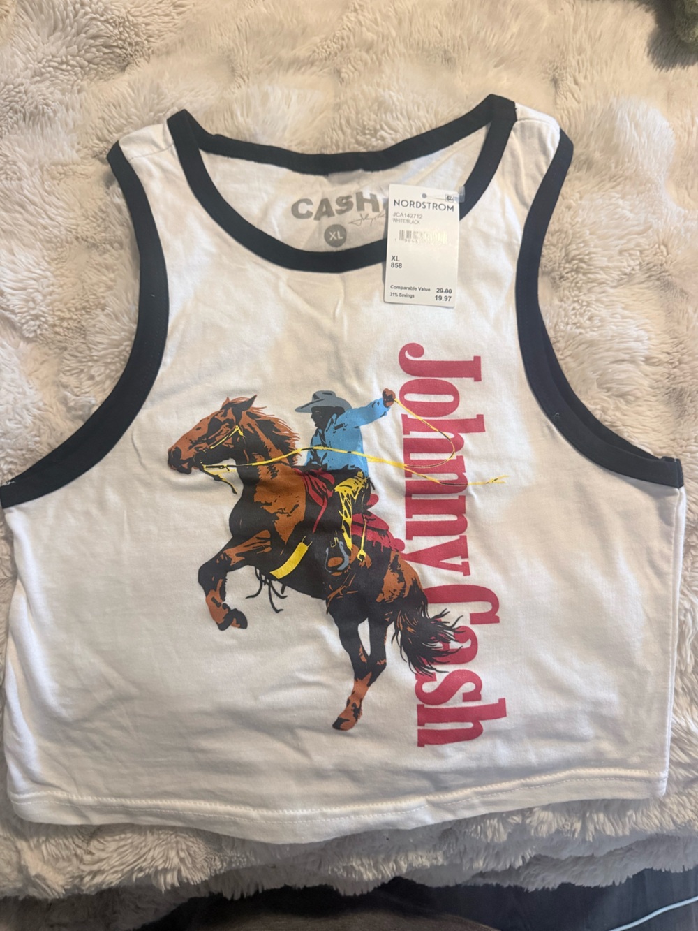 Ash White Tank Top with Black Trim and Multicolor Johnny Cash Graphic